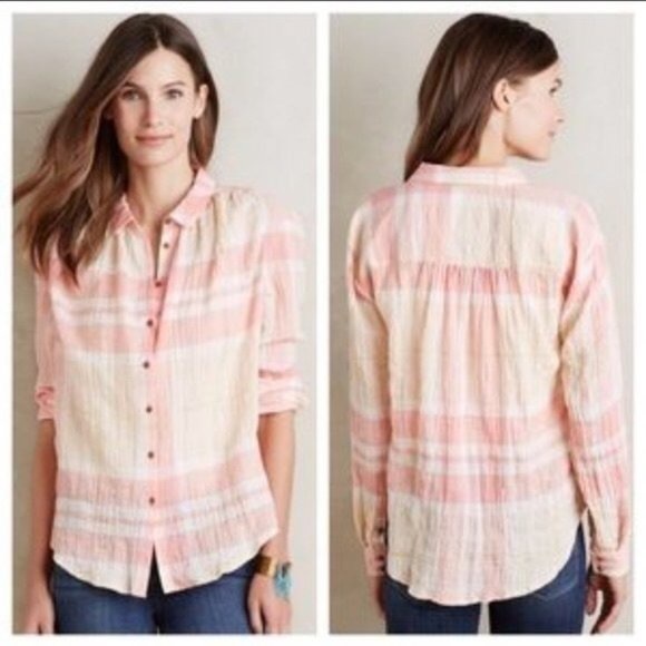 Anthro Holding Horses Peach Plaid Button Down Top - Picture 2 of 11